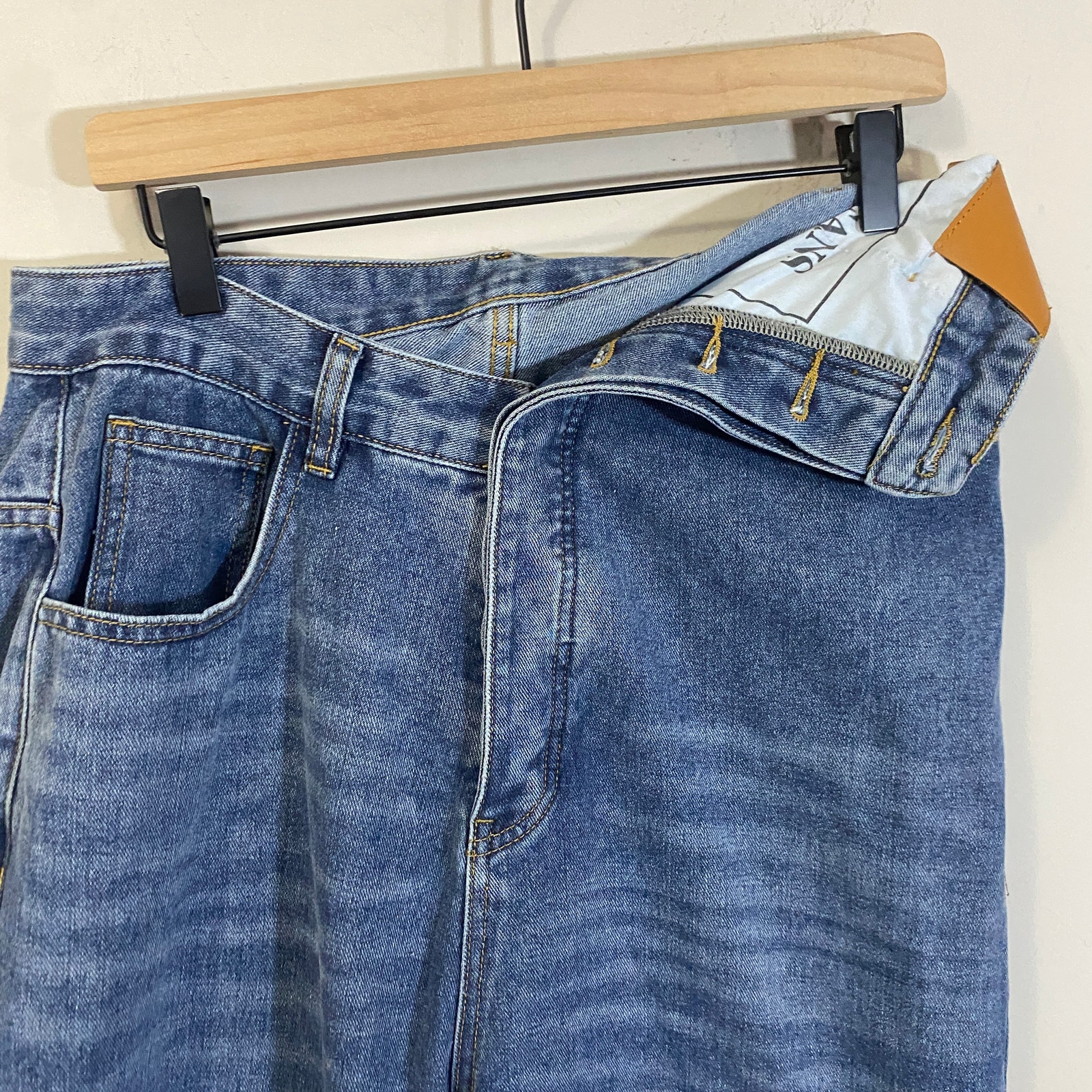 Micas Nwt Denim Asymmetrical High Waist Wide Leg Jeans Blue High Rise Sz L — image 5 of 8